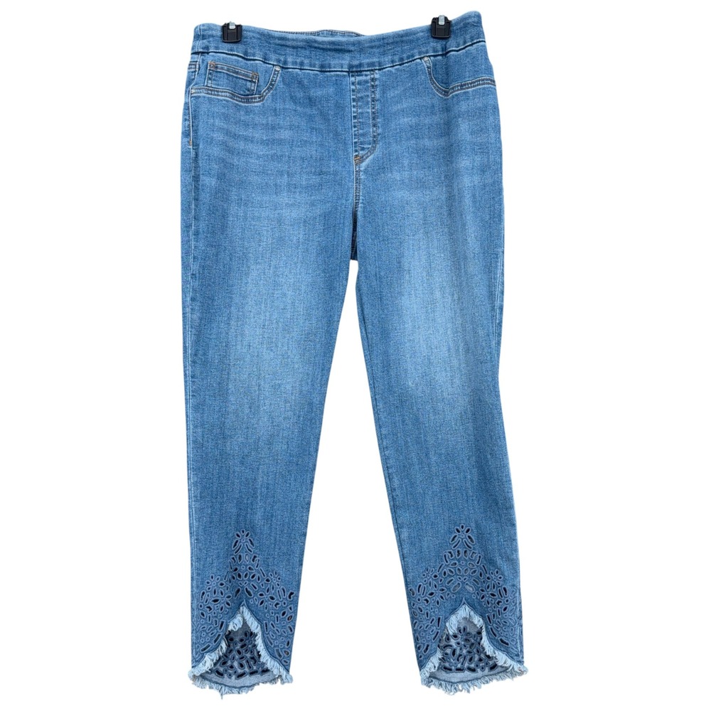 Chicos Pull On Jegging Ankle Women 14R Cotton Blend Blue Eyelet Hem